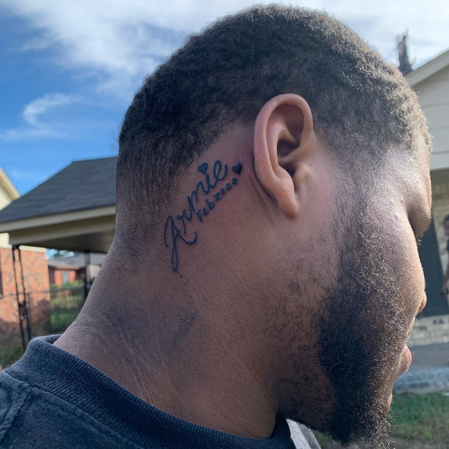 Name with hearts lettering script tattoo on the neck by Deangelo Inkcrazy Dukes