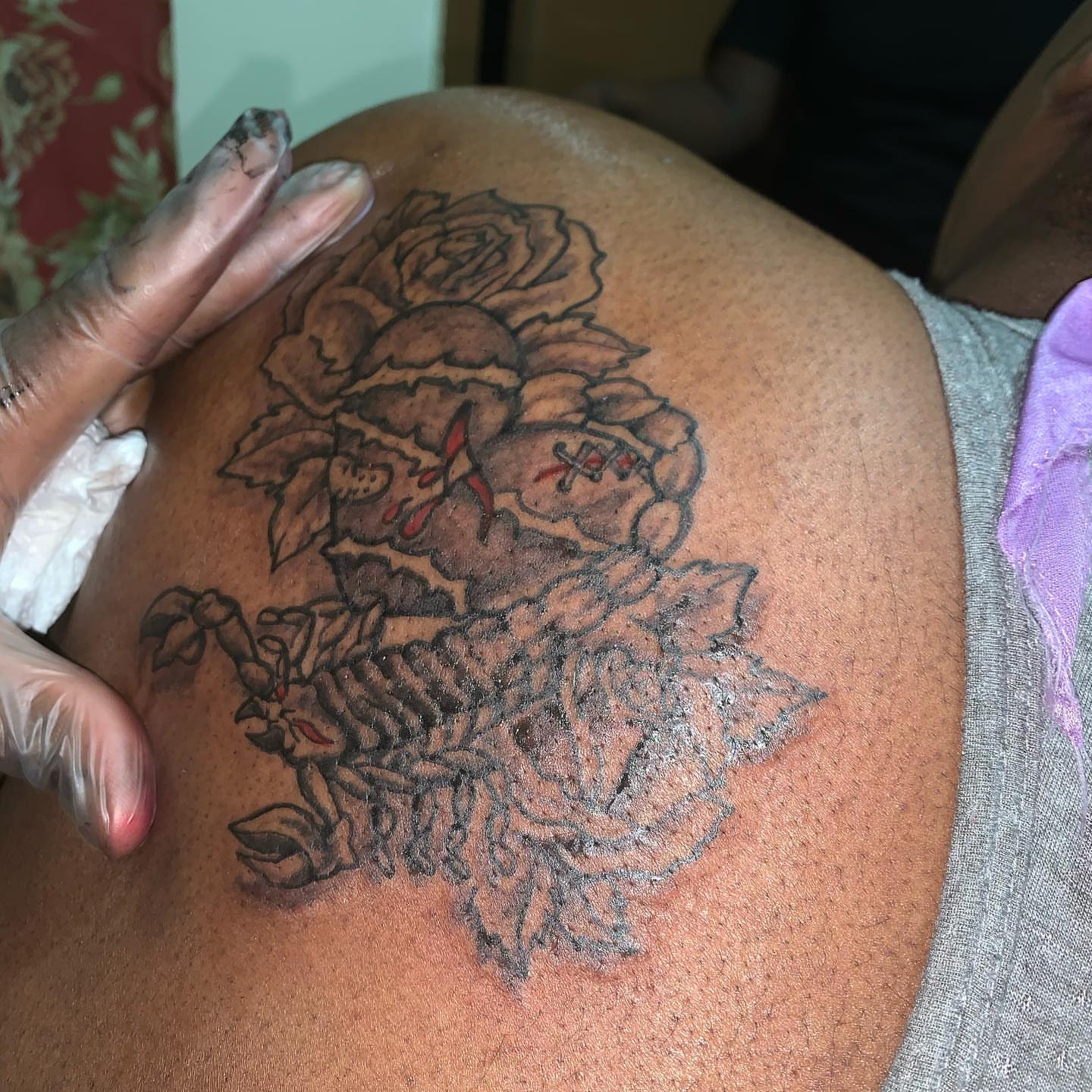 Rose and fairy black and grey tattoo on the back by Deangelo Inkcrazy Dukes