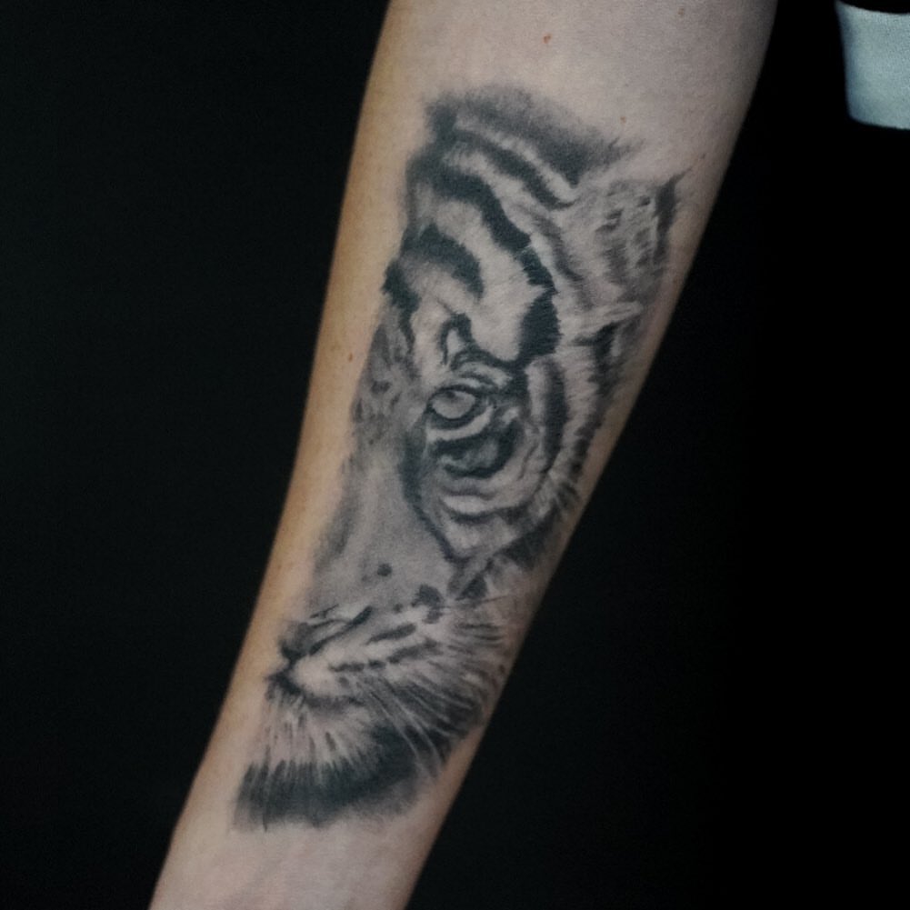 Tiger realism tattoo on the forearm by Jeff Kees