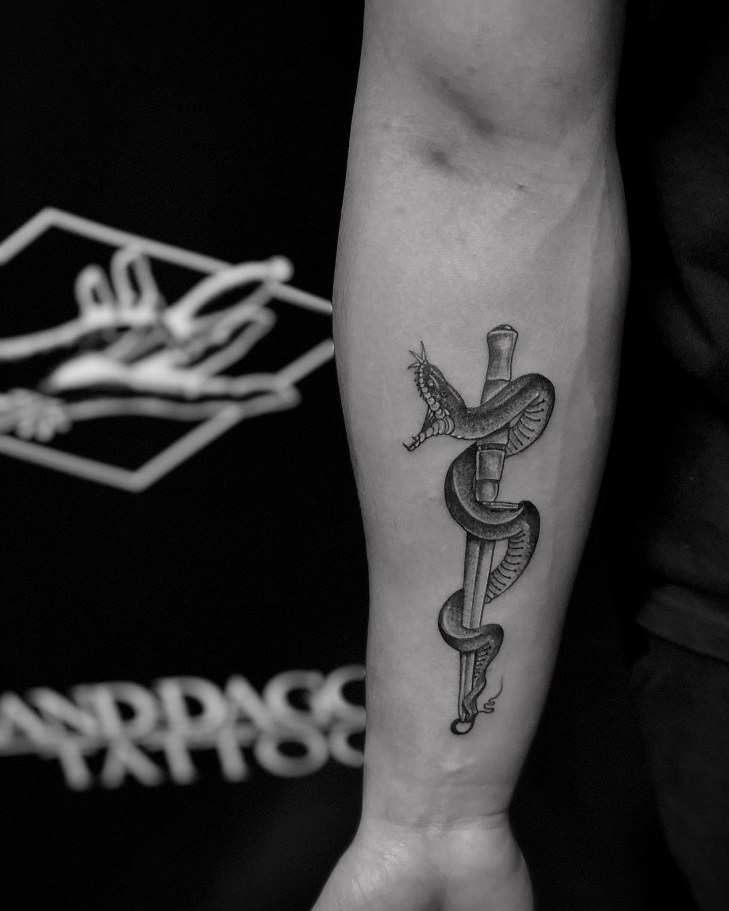 Caduceus black and grey tattoo on the forearm by Kody Miller Tattoos 📍Kansas City MO Tattoo, Kansas City, Missouri