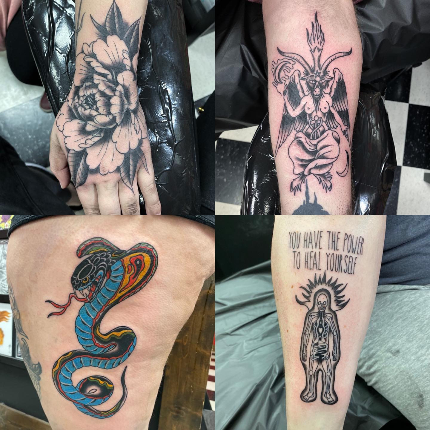 Snake and peony American traditional tattoo on the thigh by Jake Snoddy, Franklin, Tennessee