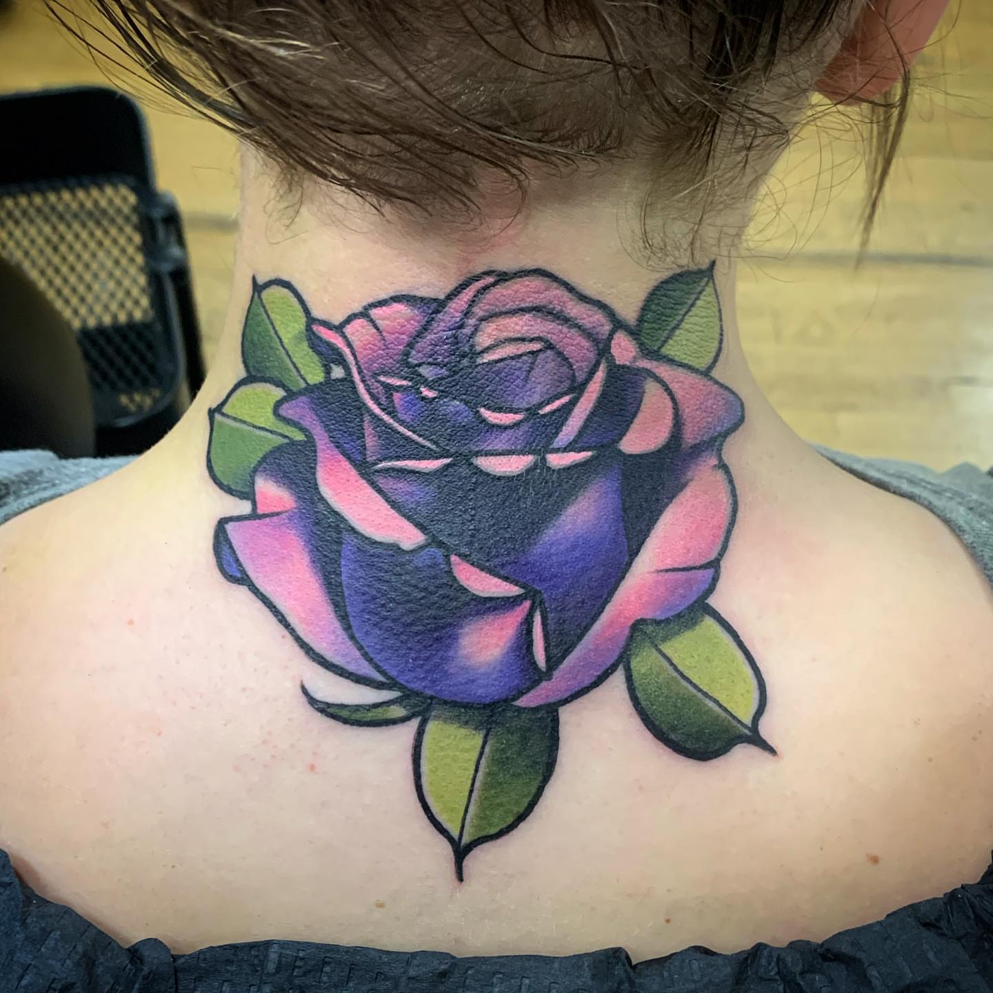 Rose realism tattoo on the neck by Ben Viamontes