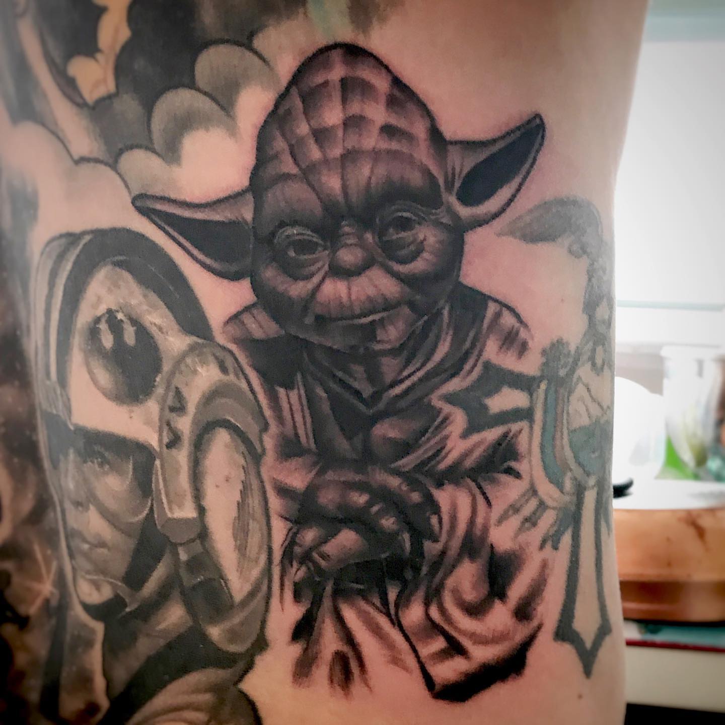 Yoda black and grey tattoo on the forearm by Bill Johenning, Lakewood, Ohio