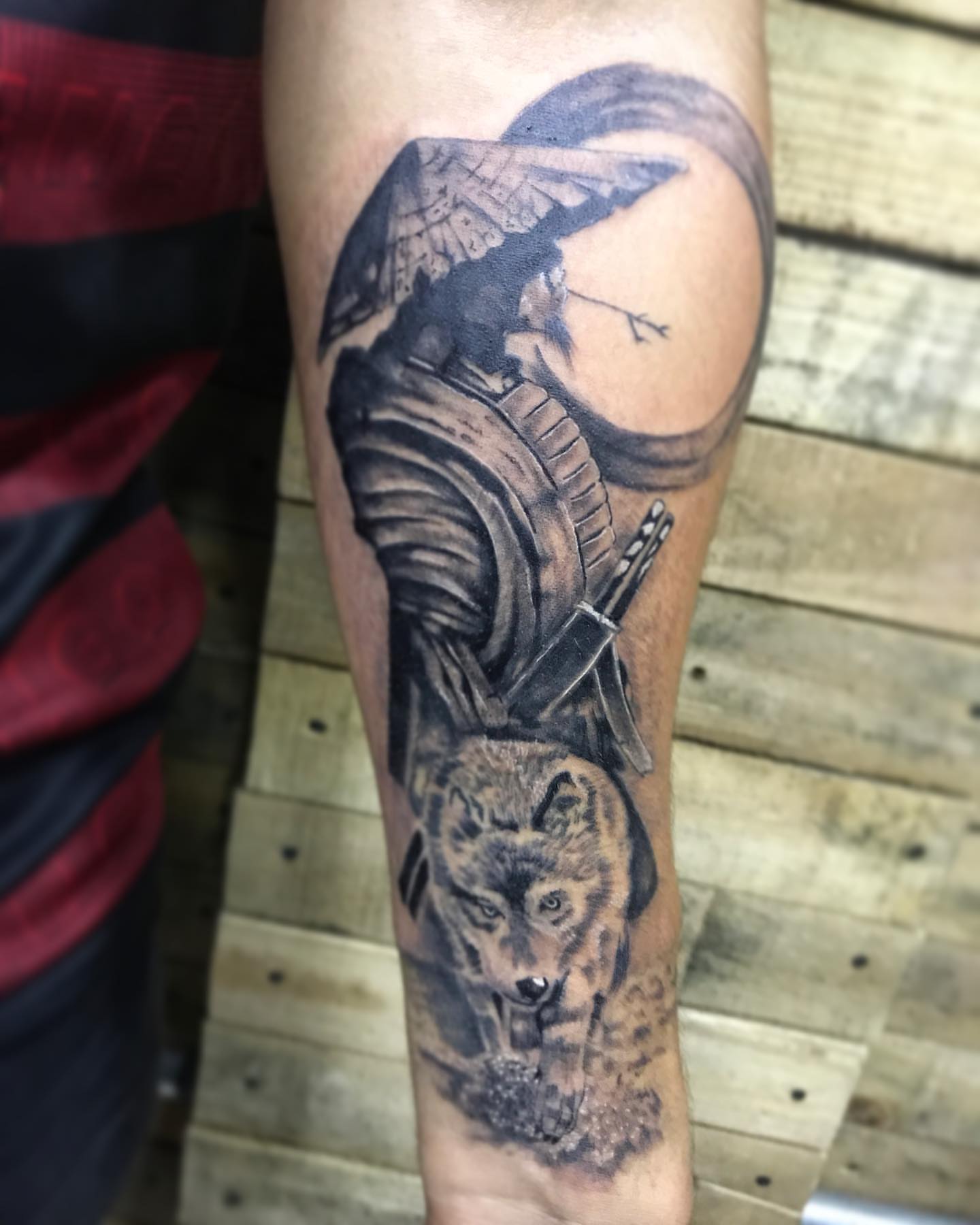 Wolf and angel realism tattoo on the forearm by PrimaTa’ttoo_021