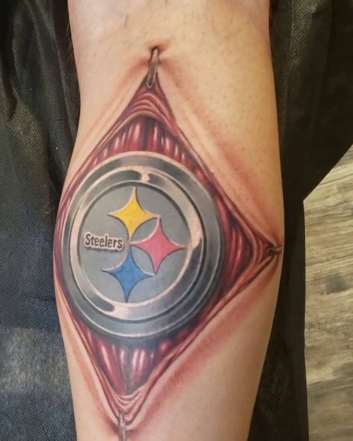 Pittsburgh Steelers logo realism tattoo by Walt Watts, Salt Lake City, Utah