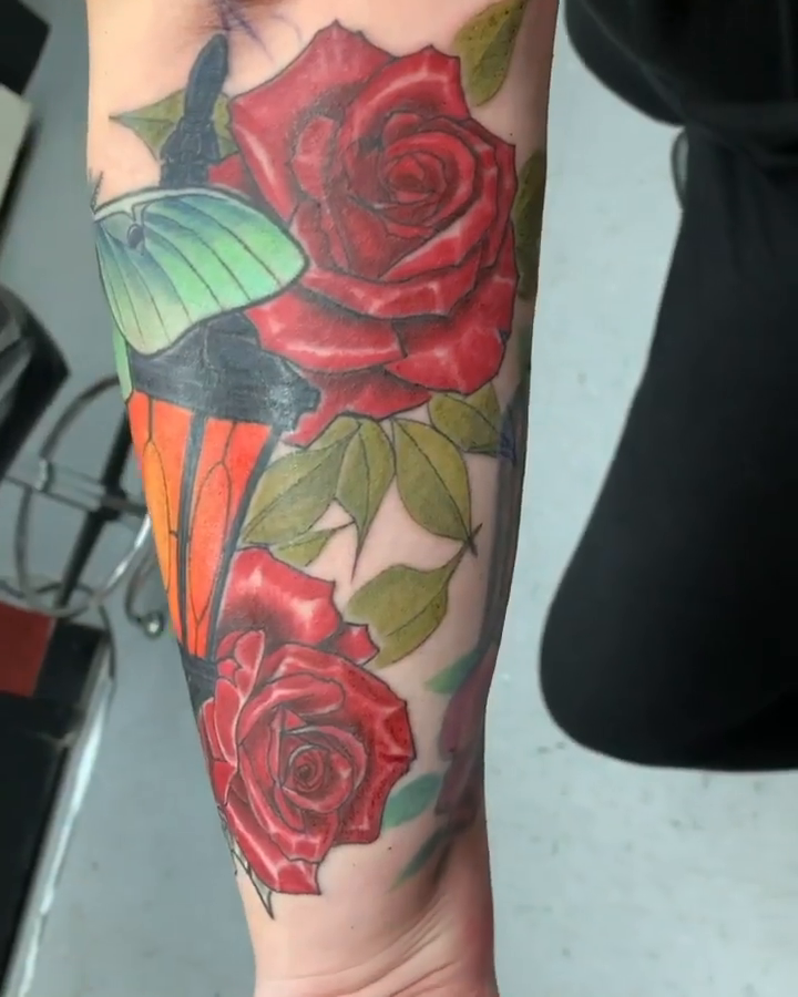 Lantern with luna moth and roses neo-traditional tattoo by Jason L.