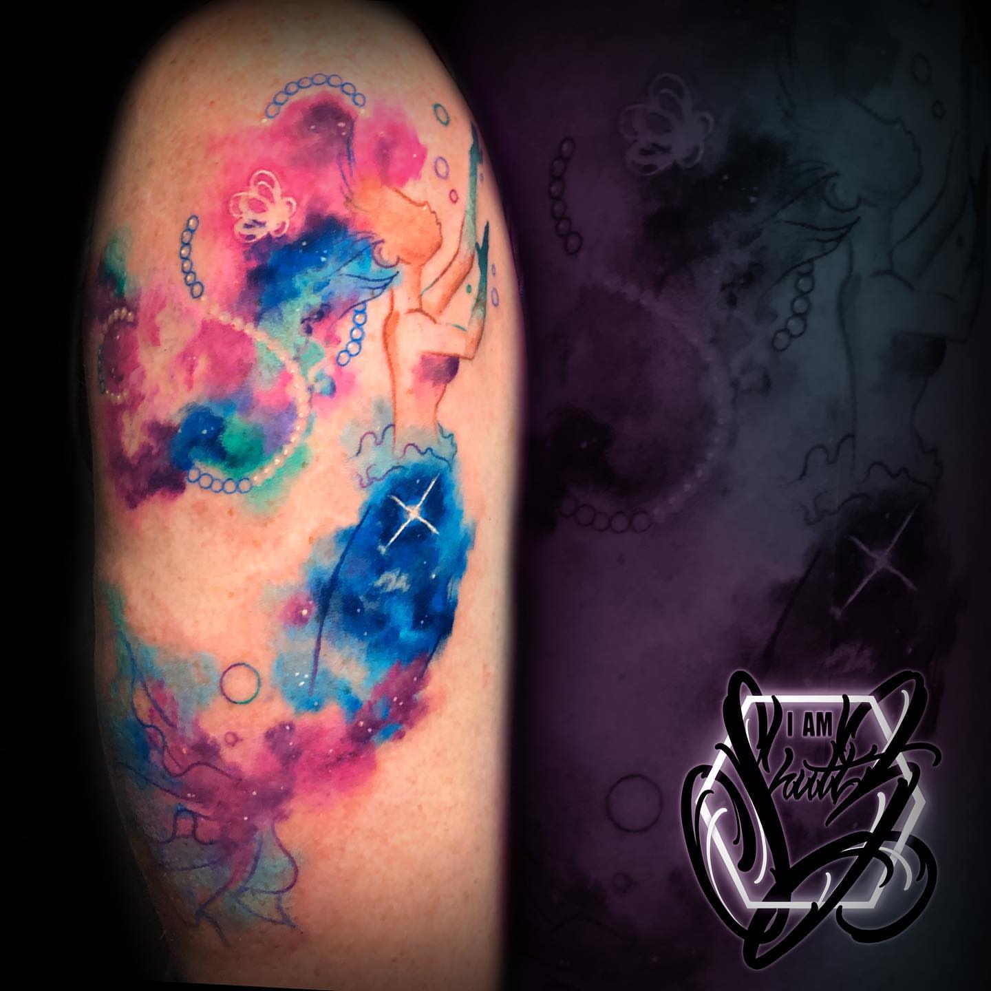 Galactic fairy watercolor tattoo on the forearm by Mike Shultz