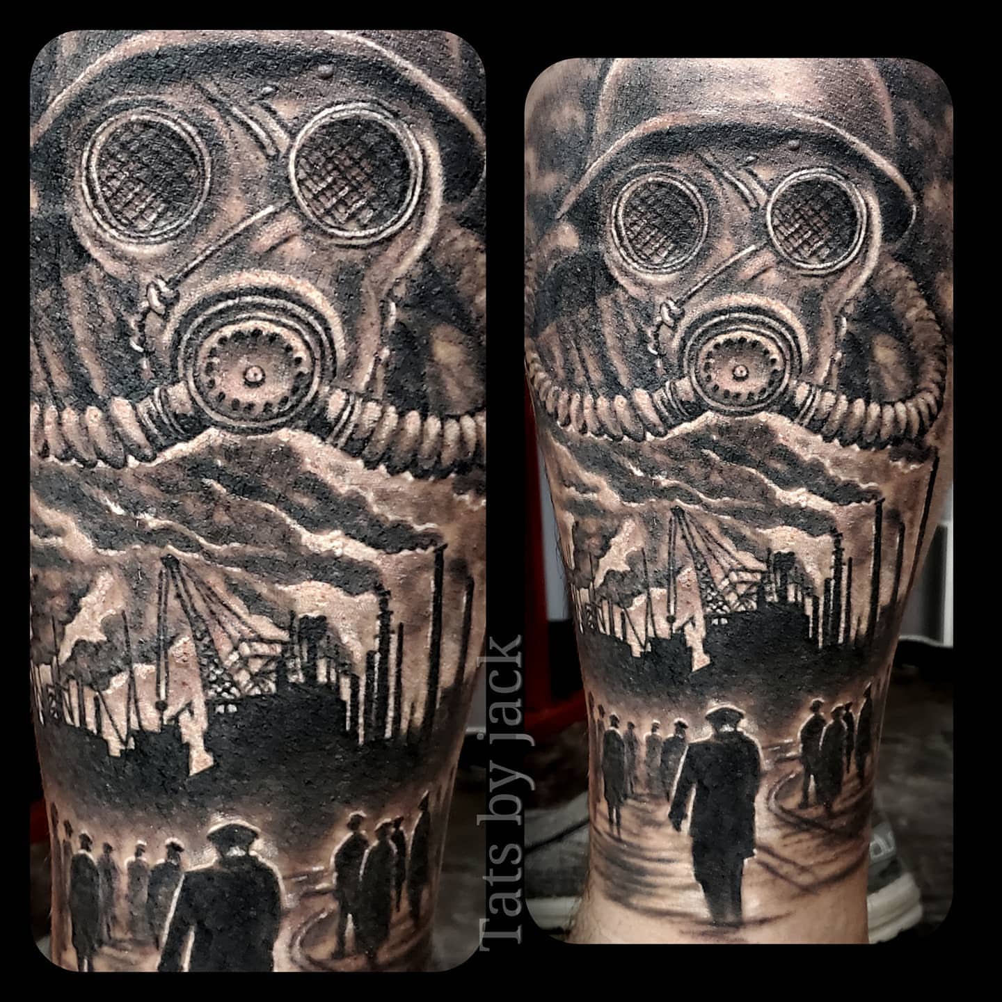 Industrial landscape realism tattoo on the forearm by Jack Daniel Knowlden