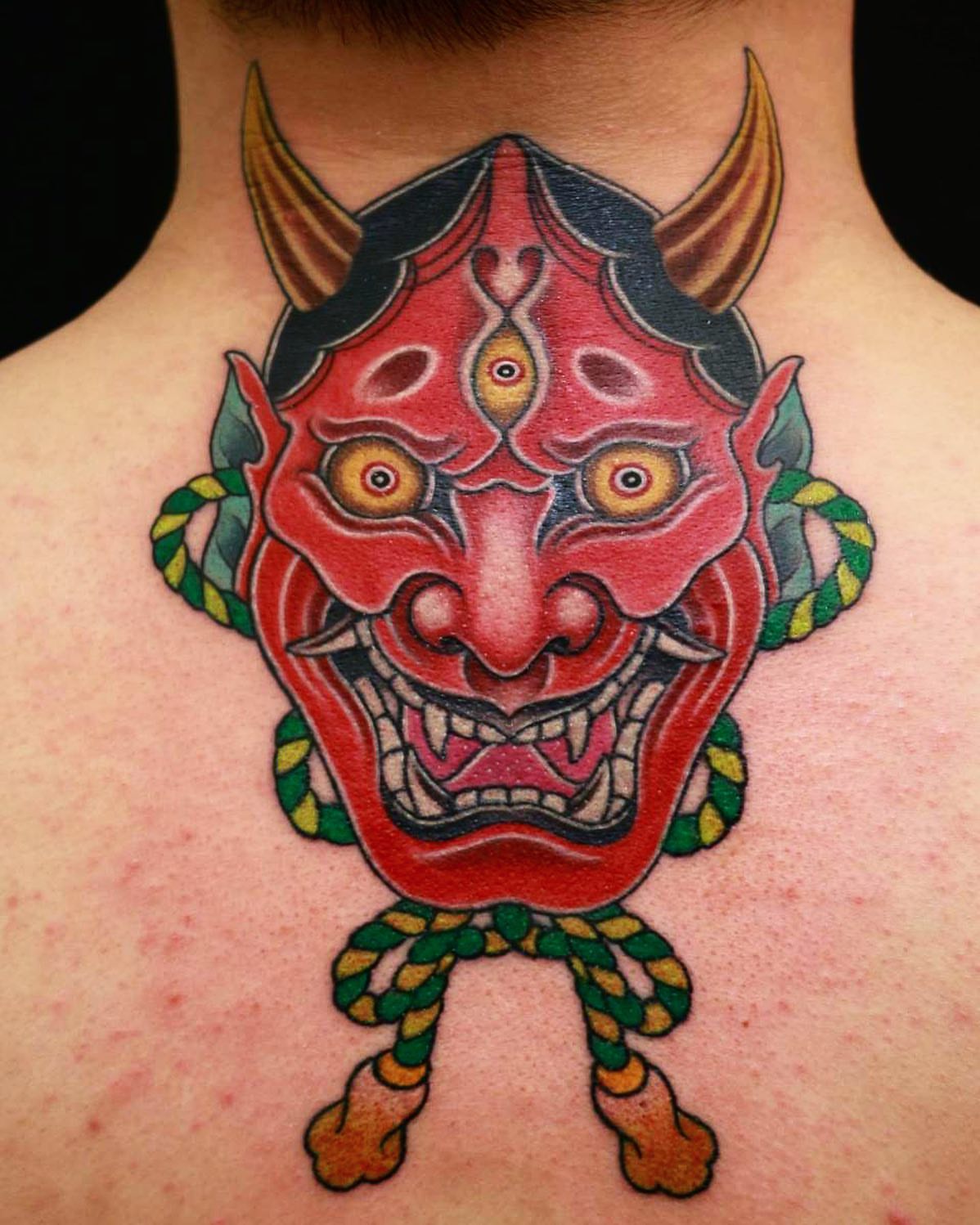 Demon mask japanese irezumi tattoo on the neck by 重君