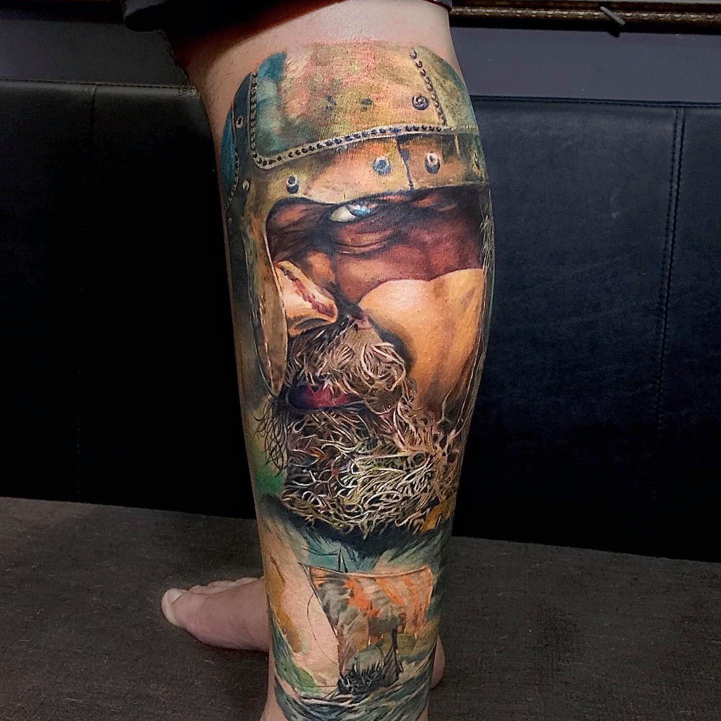Viking warrior realism tattoo on the calf by Bình Nguyễn