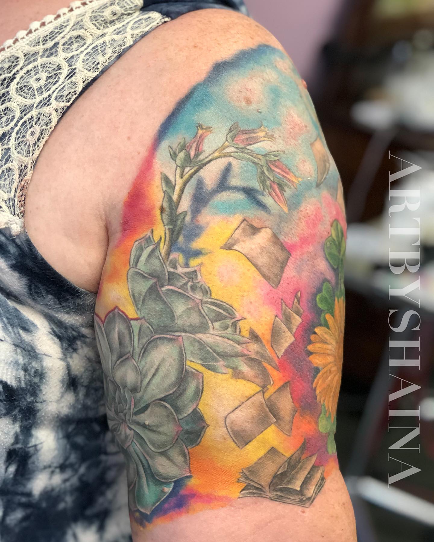 Succulent and abstract watercolor tattoo on the upper arm by ππ·π°πΈπ½π°