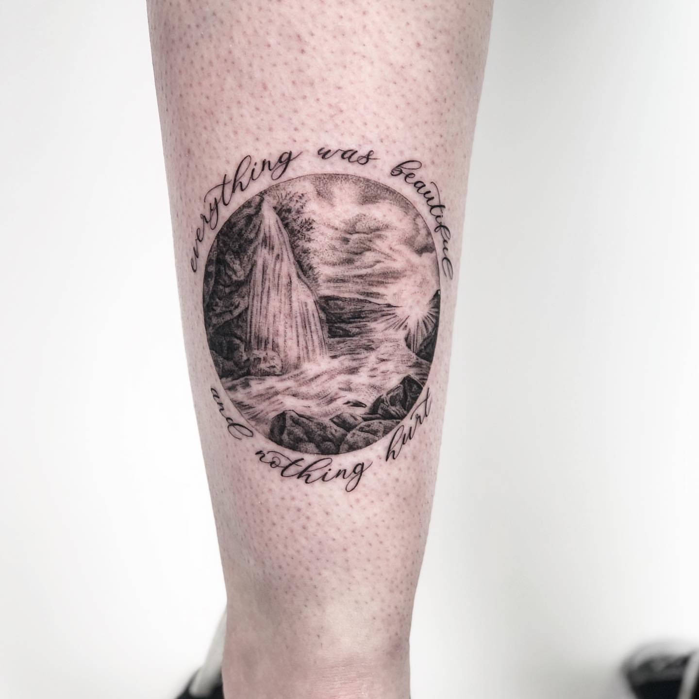 Waterfall dotwork tattoo on the forearm by @jettaturas, New City, New York