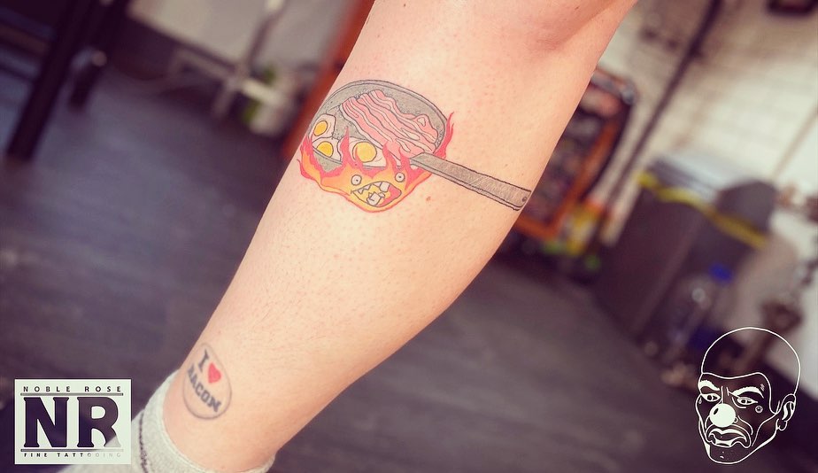 Bacon frying pan American traditional tattoo on the forearm by πππ πππππππ