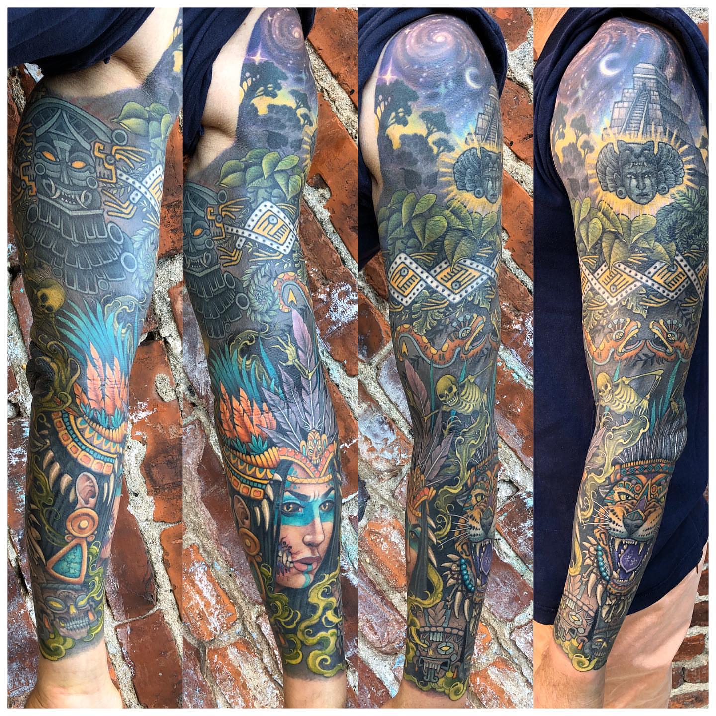 Indigenous-inspired sleeve new school tattoo by Erin Chance