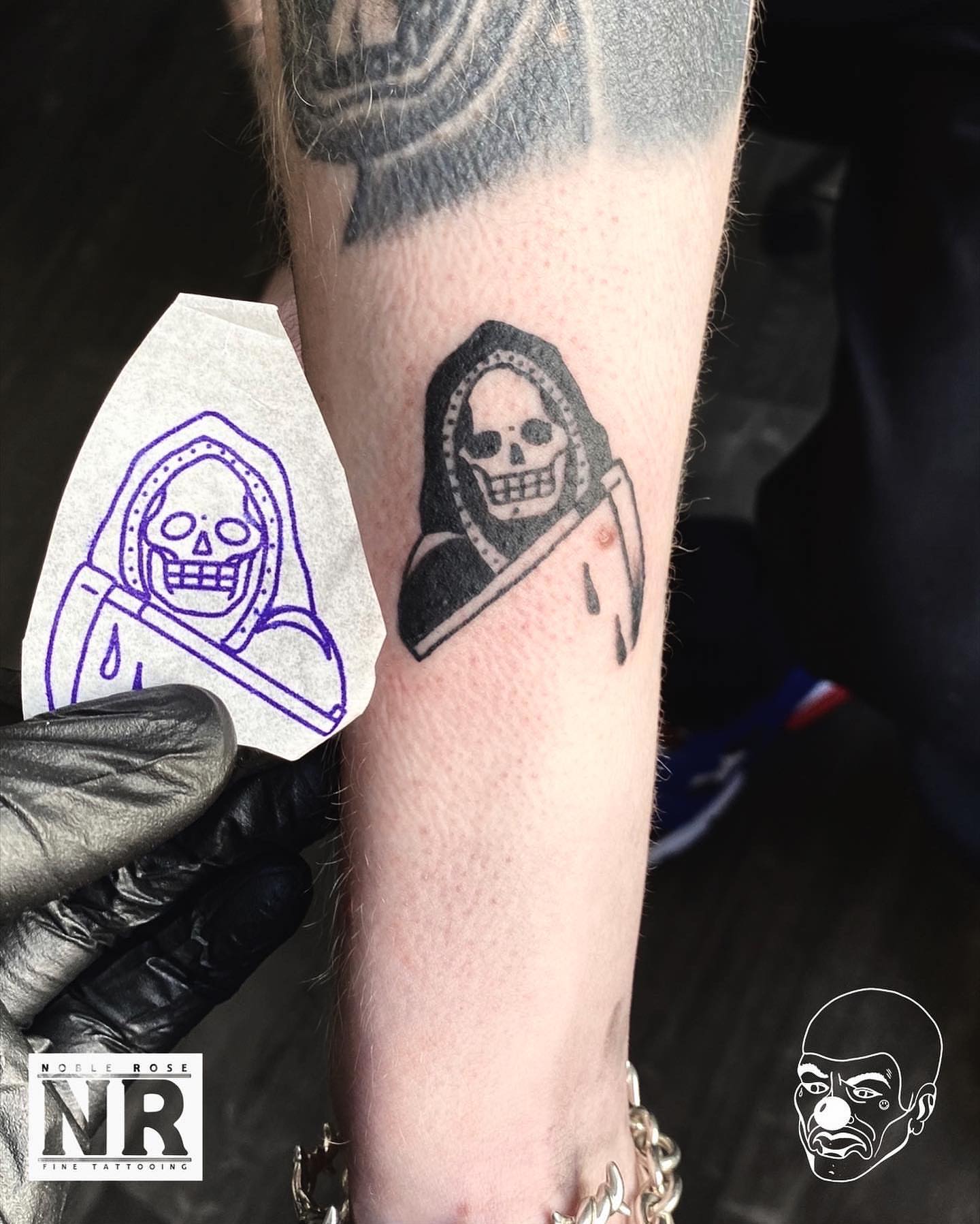 Grim reaper black and grey tattoo on the forearm by πππ πππππππ