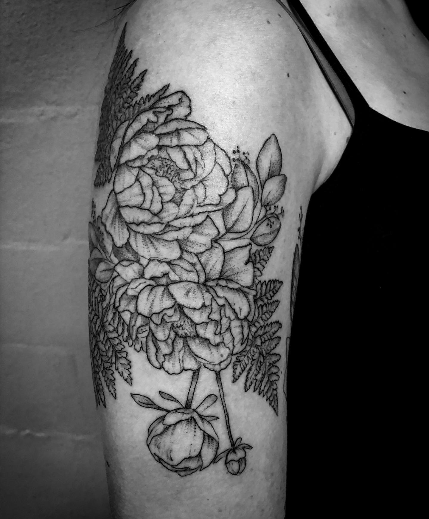 Peony bouquet dotwork tattoo on the forearm by Thylacine Tattoo & Art, Los Angeles, California