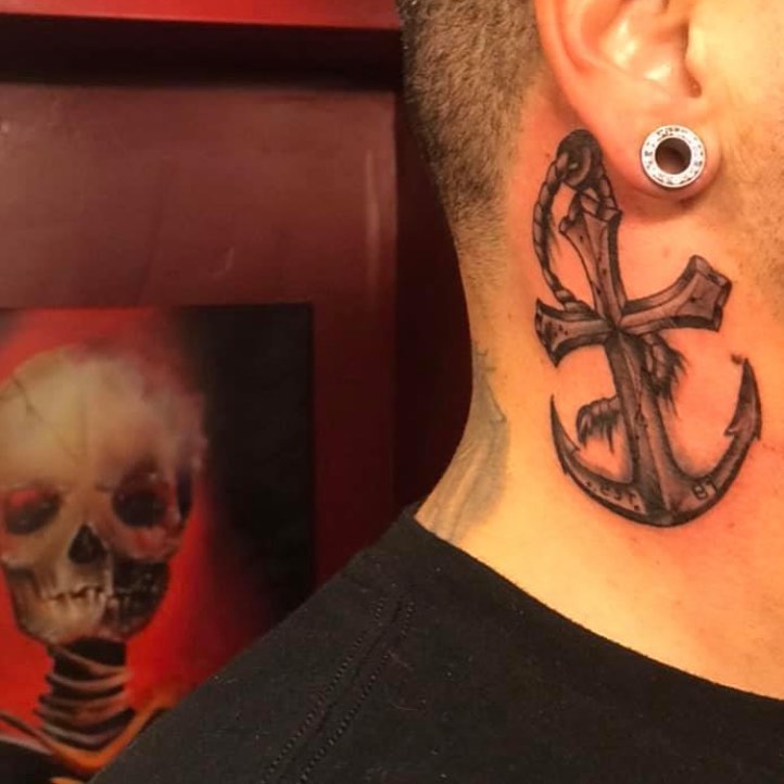 Anchor black and grey tattoo on the neck by Brian Keith