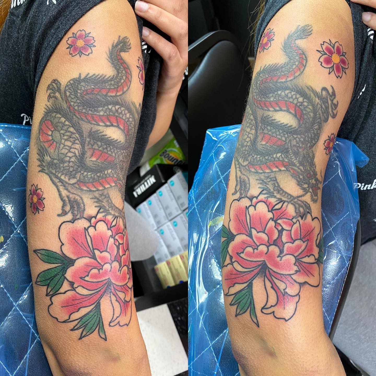 Dragon and peony American traditional tattoo on the forearm by Jake Snoddy, Franklin, Tennessee