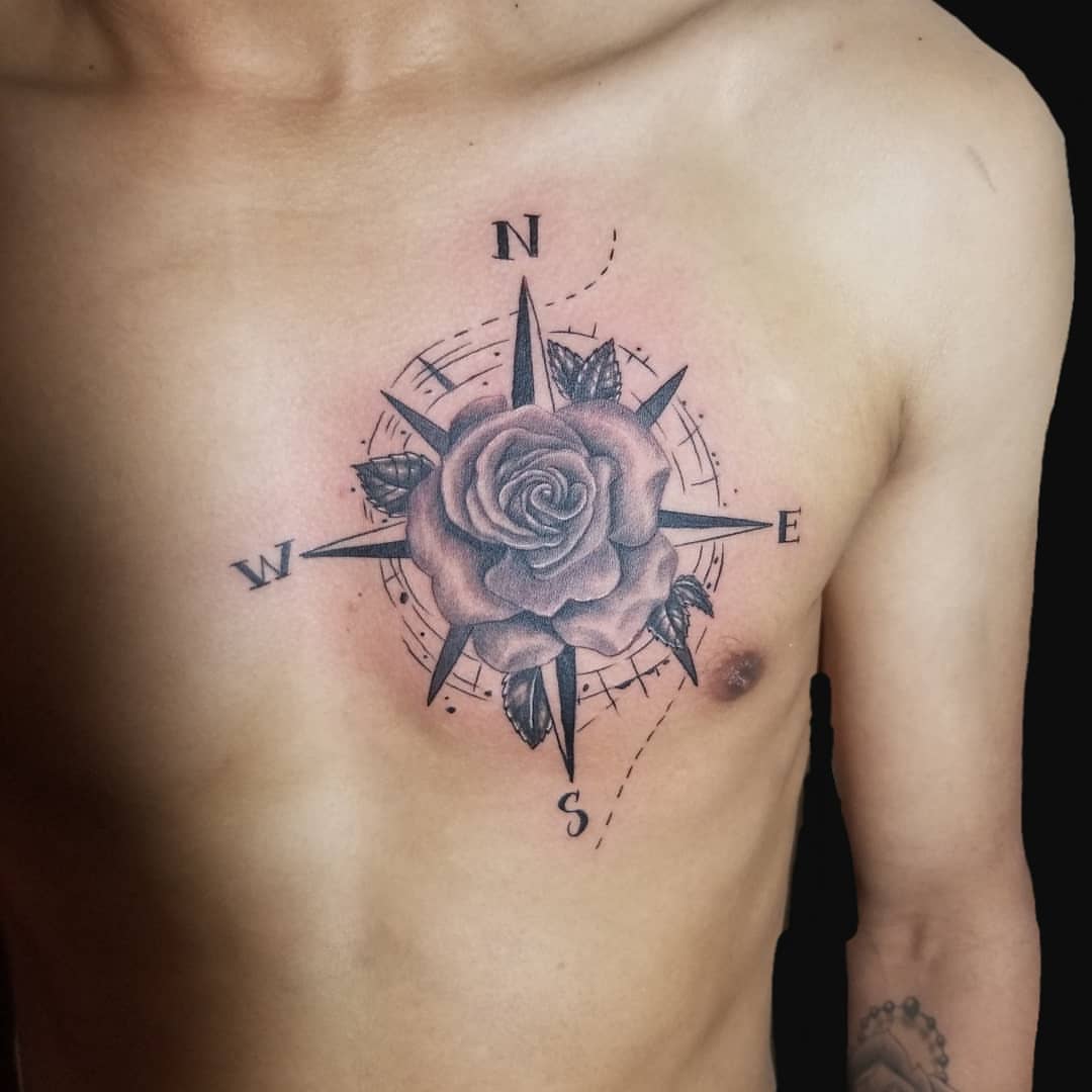Compass rose black and grey tattoo on the chest by Miguel-C, Houston, Texas