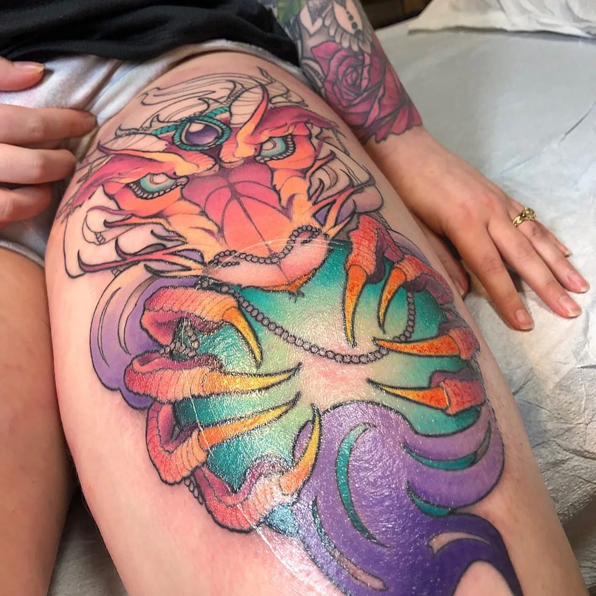 Lion new school tattoo on the thigh by ✤ ᴋɪʀᴀ ᴋɴᴏᴡʟᴛᴏɴ ✤