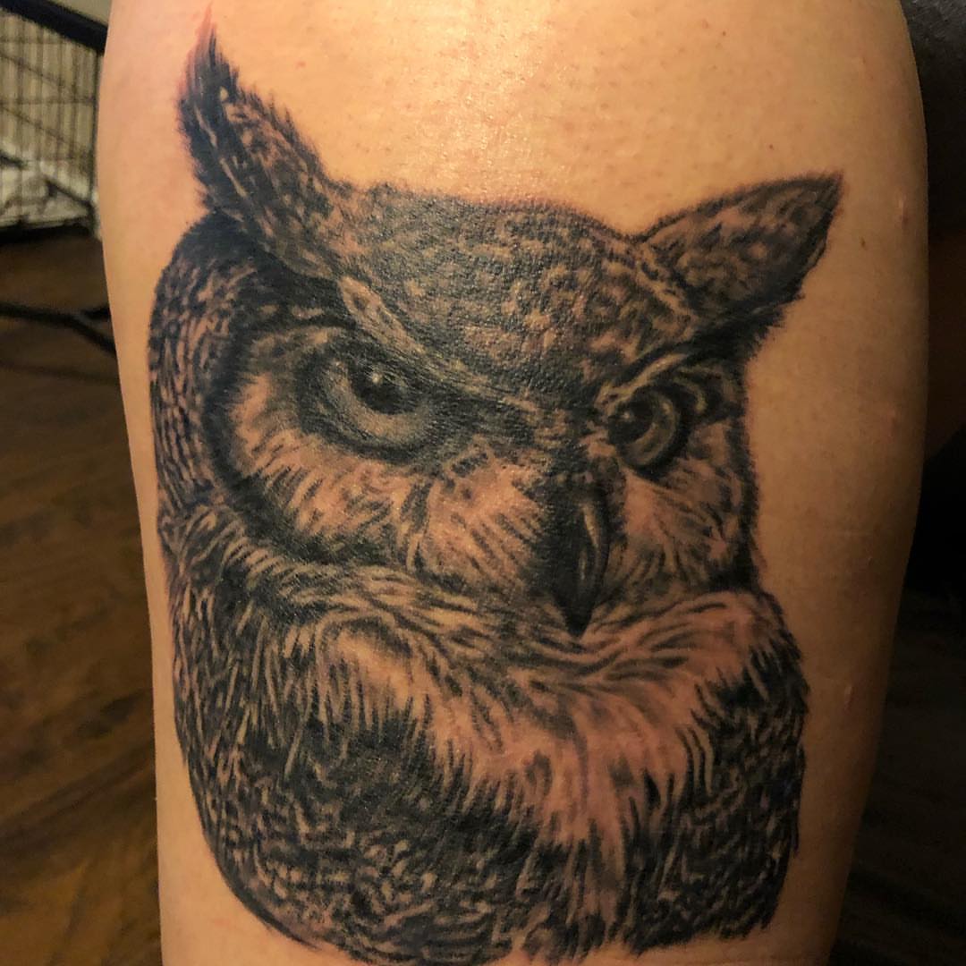 Owl realism tattoo on the thigh by KJ