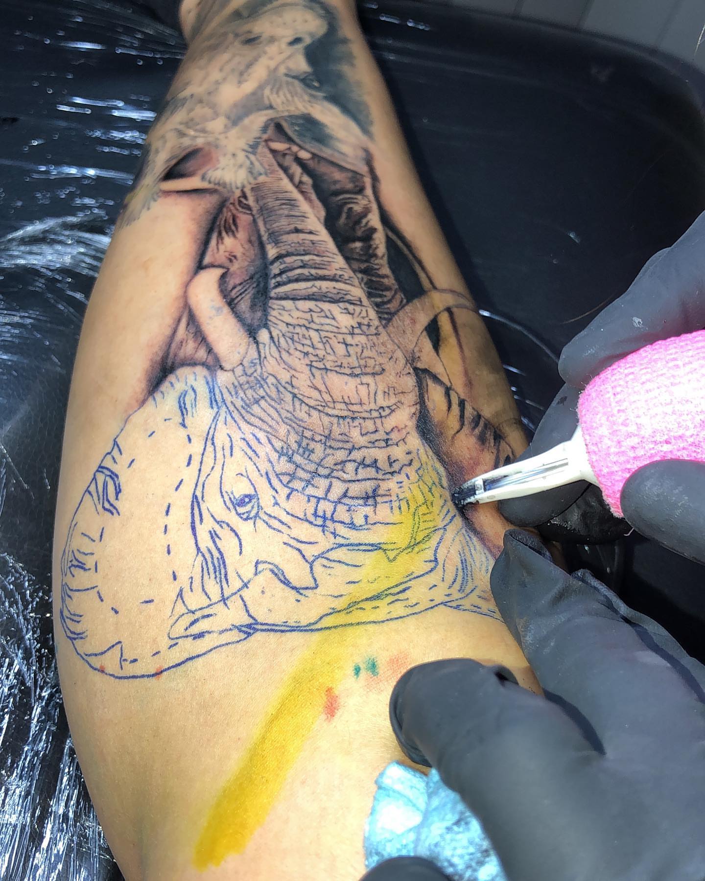 Crocodile realism tattoo on the thigh by Dori