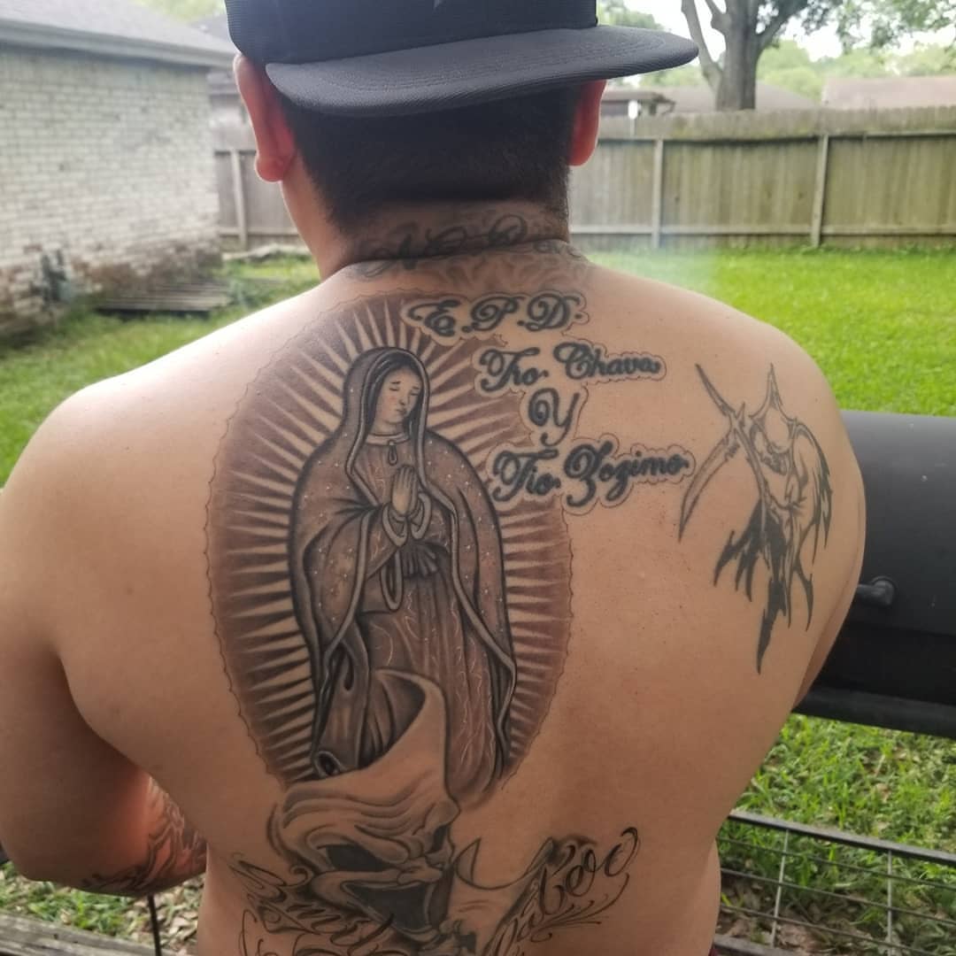 Our Lady of Guadalupe realism tattoo on the back by Miguel-C, Houston, Texas