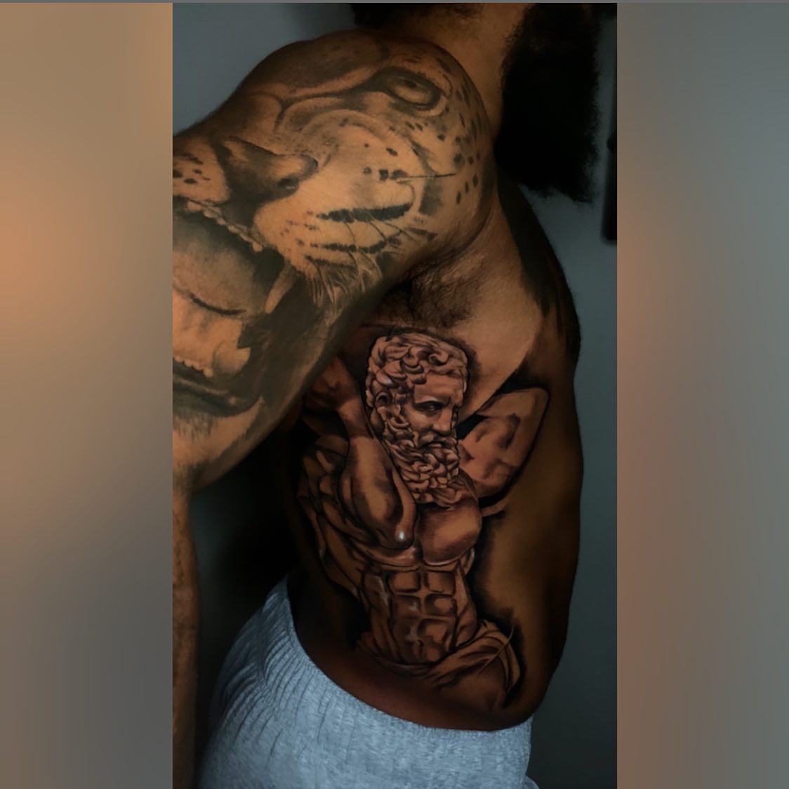 Lion and satyr realism tattoo on the chest by Ivan Guadalupe guzman