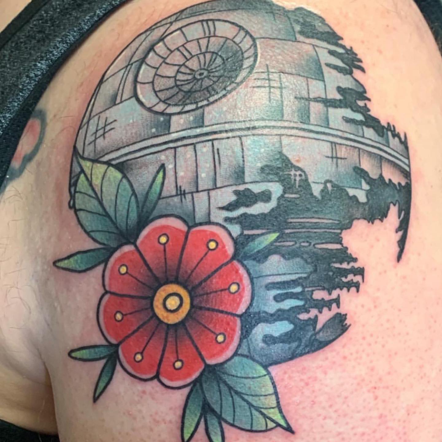 Death star and flower American traditional tattoo on the shoulder by Tita Jewels- Tattoo Artist, Austin, Texas