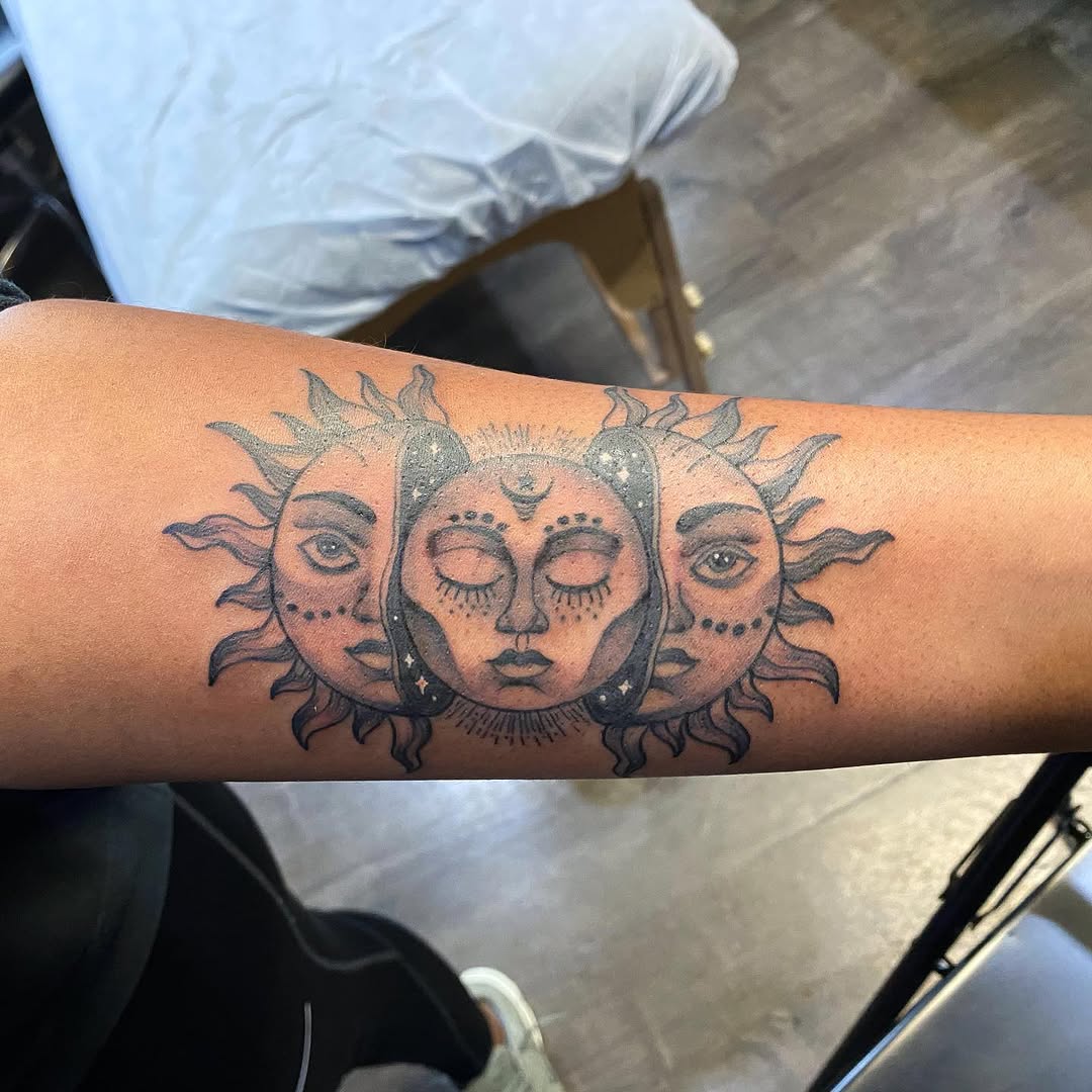 Sun and moon faces ornamental tattoo on the forearm by 2realink - Tattoo Artist