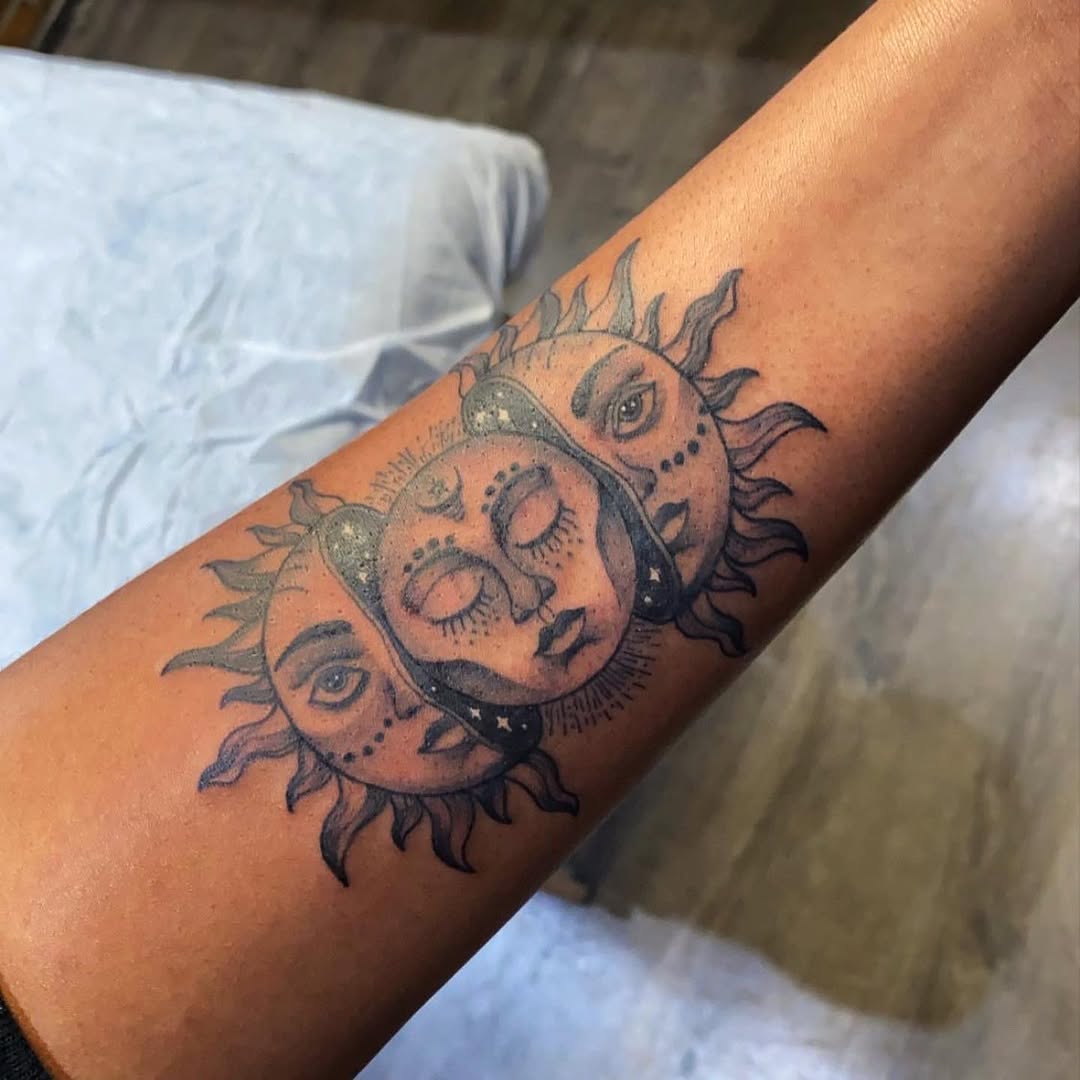 Sun and moon faces ornamental tattoo on the forearm by 2realink - Tattoo Artist