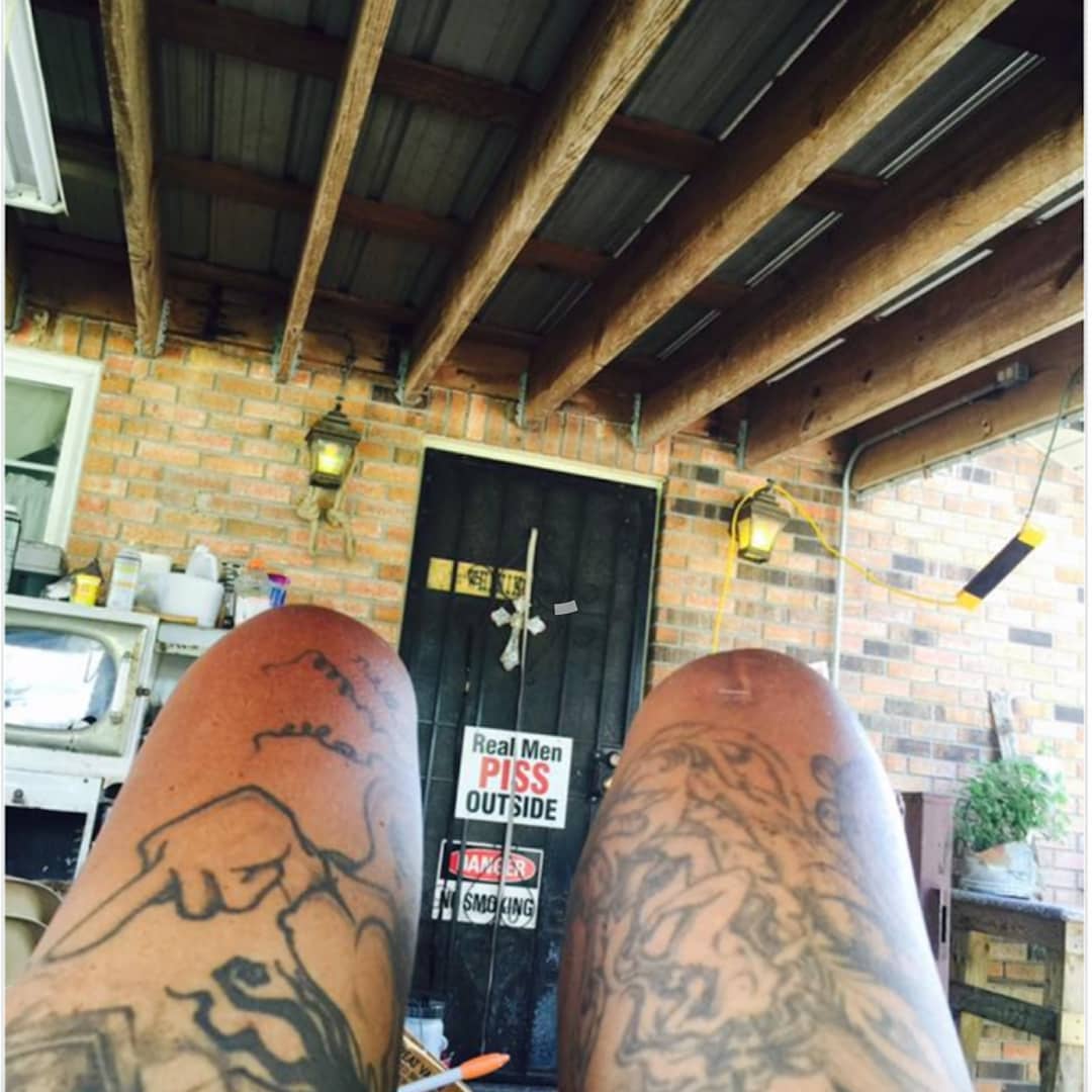 Man and woman American traditional tattoo on the thigh by Jacci Gresham