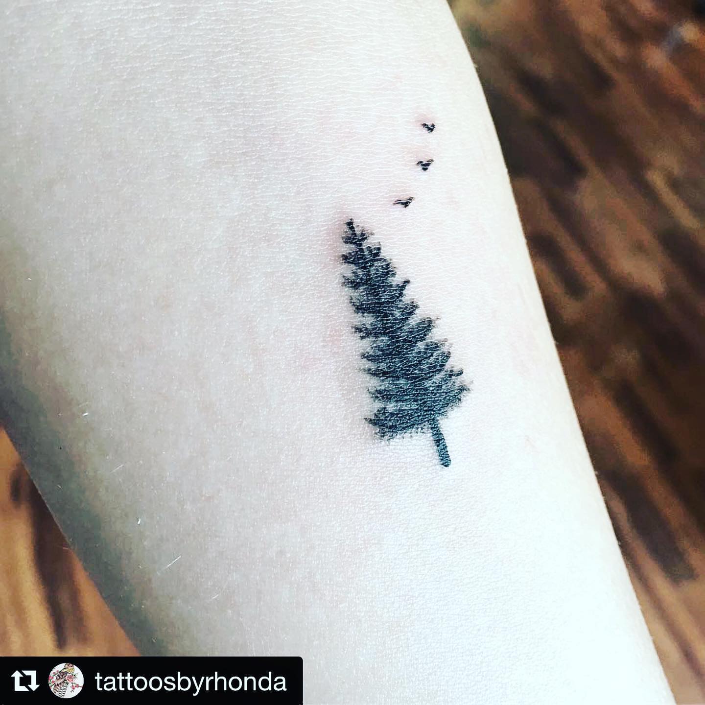Pine tree dotwork tattoo on the forearm by Rhonda Faber Green