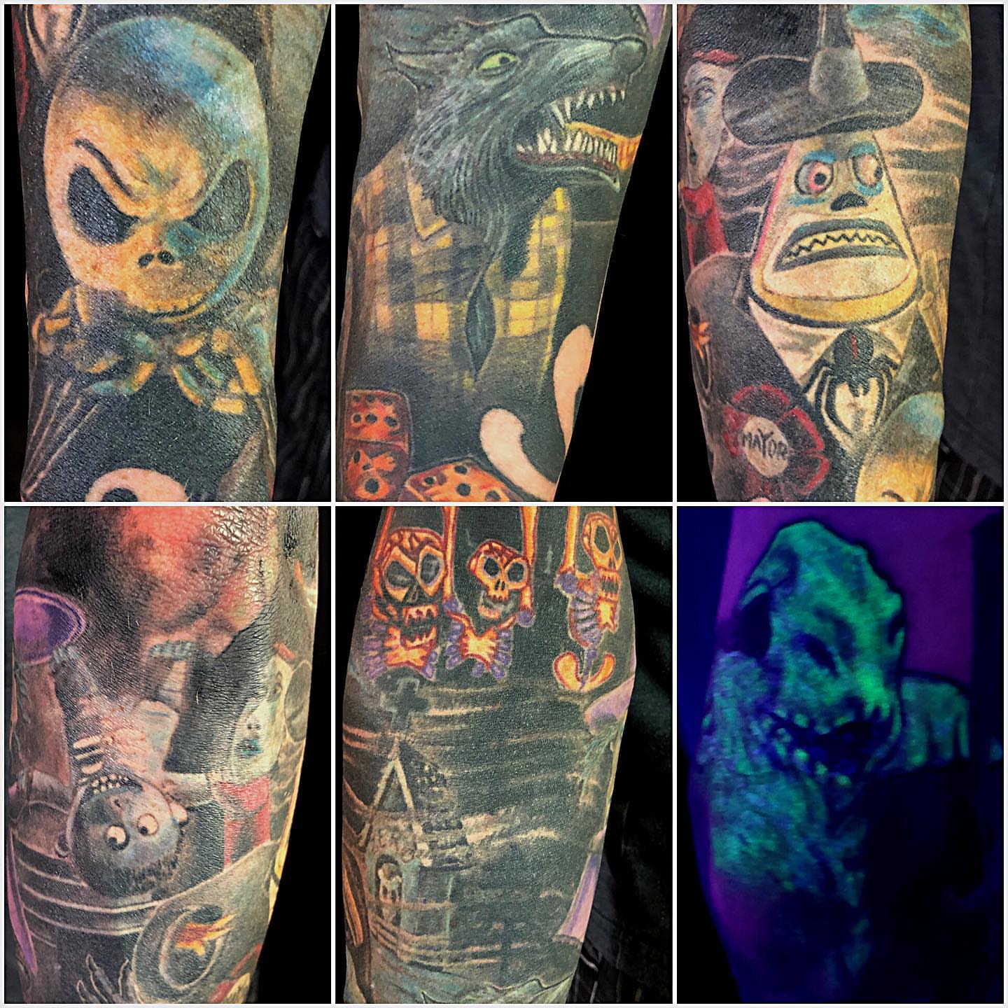 Tim burton-inspired characters dark realism tattoo on the forearm by Patrick Delvar