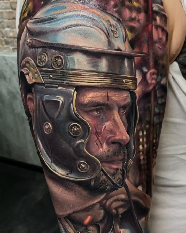 Roman soldier portrait realism tattoo by Dmitriy Paramonov πΊπ¦
