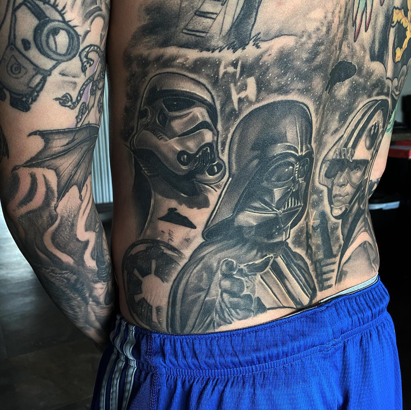 Star Wars characters realism tattoo on the torso by Bill Johenning, Lakewood, Ohio