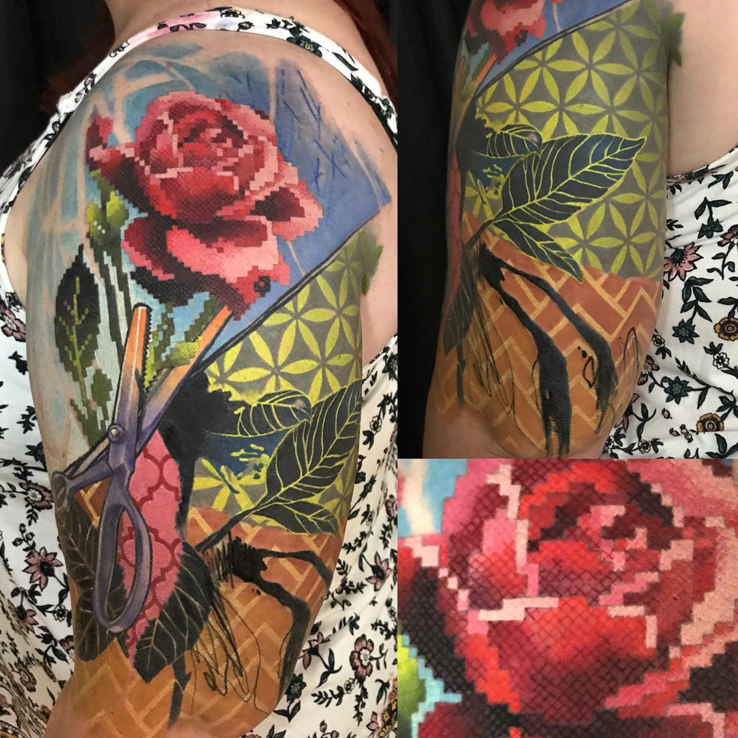 Cross-stitch rose dotwork tattoo on the forearm by Ben Viamontes