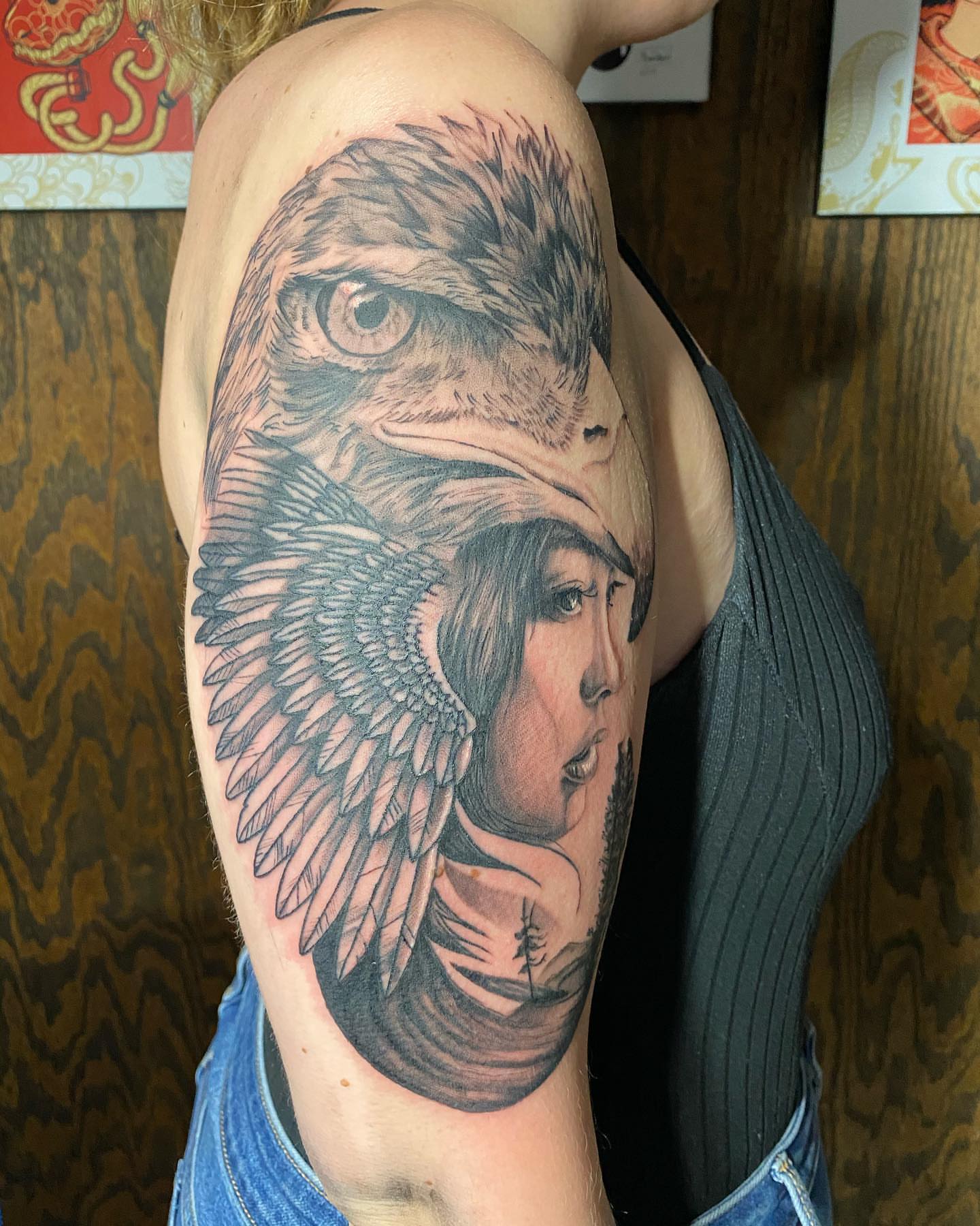 Eagle and woman realism tattoo on the shoulder by "el asere, el zurdo"