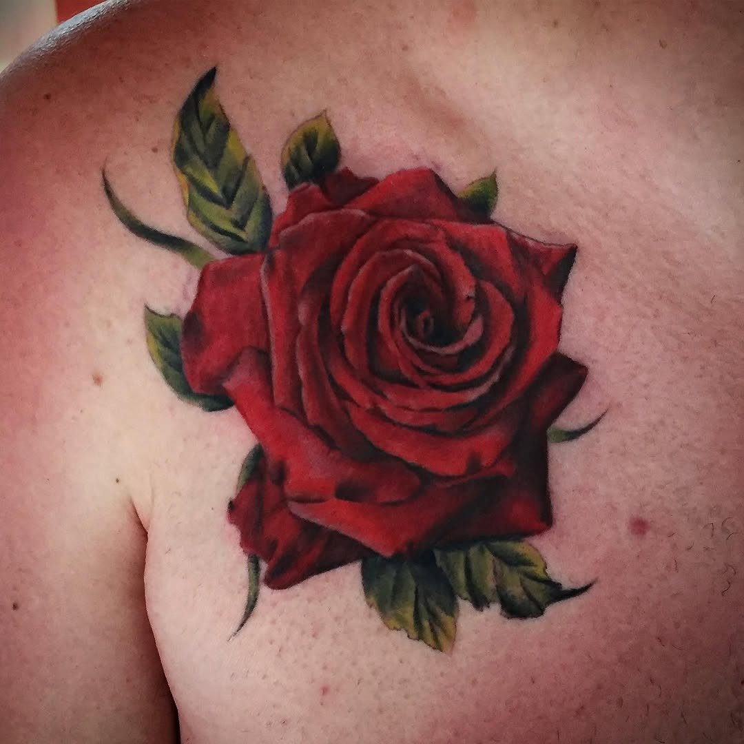 Red rose neo-traditional tattoo on the shoulder by Jixonai C