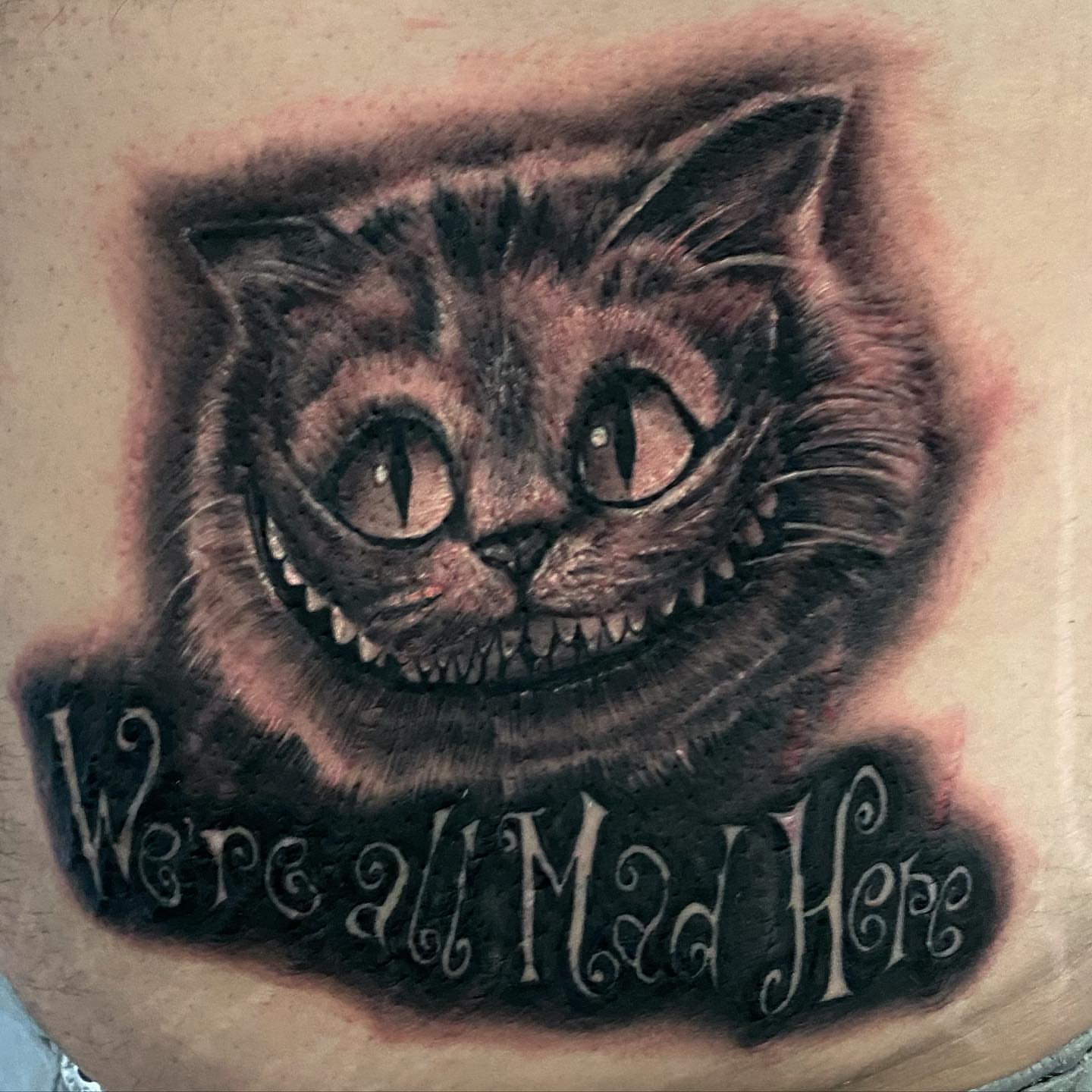 Cheshire cat realism tattoo on the torso by Jayjay🦅