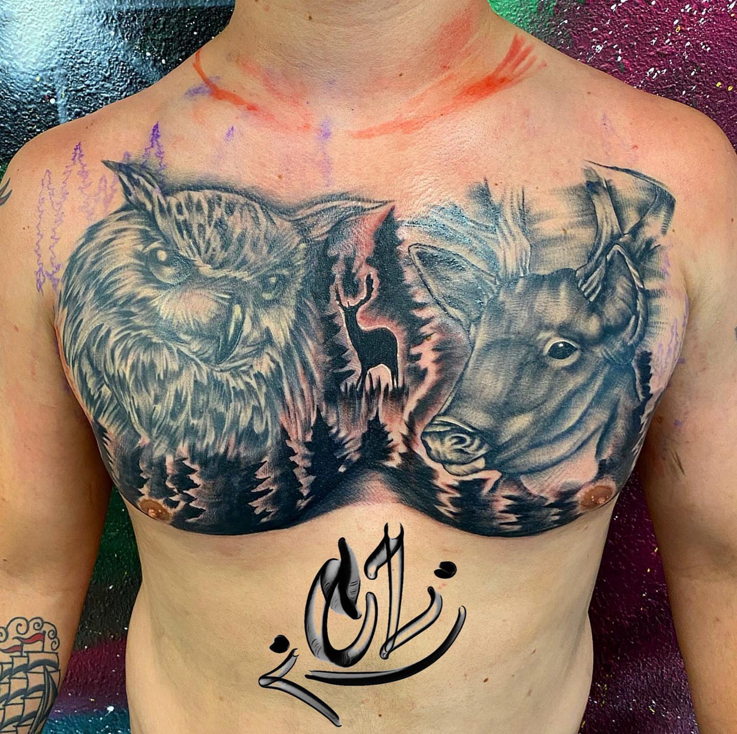 Owl and bull realism tattoo on the chest by Labbé