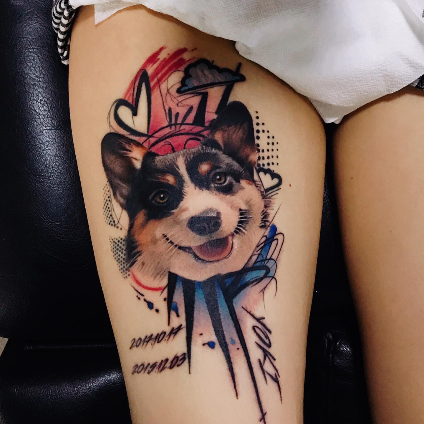 Dog portrait realism tattoo on the thigh by Duo