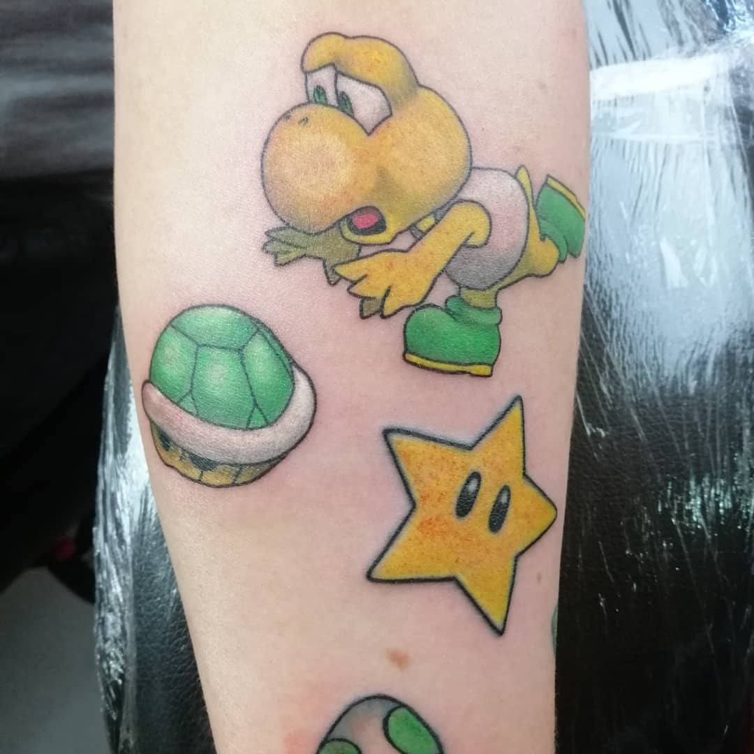 Yoshi dotwork tattoo on the forearm by Sonia