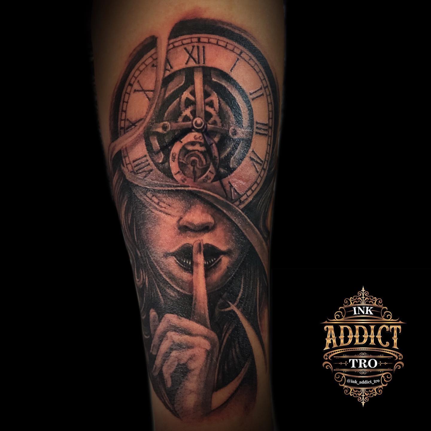 Clock and woman realism tattoo on the forearm by Trocon Talhouk