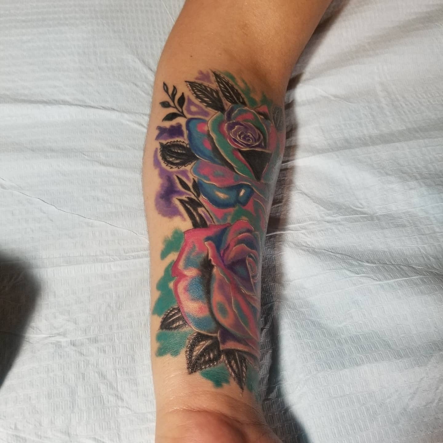 Roses new school tattoo on the forearm by Miguel-C, Houston, Texas