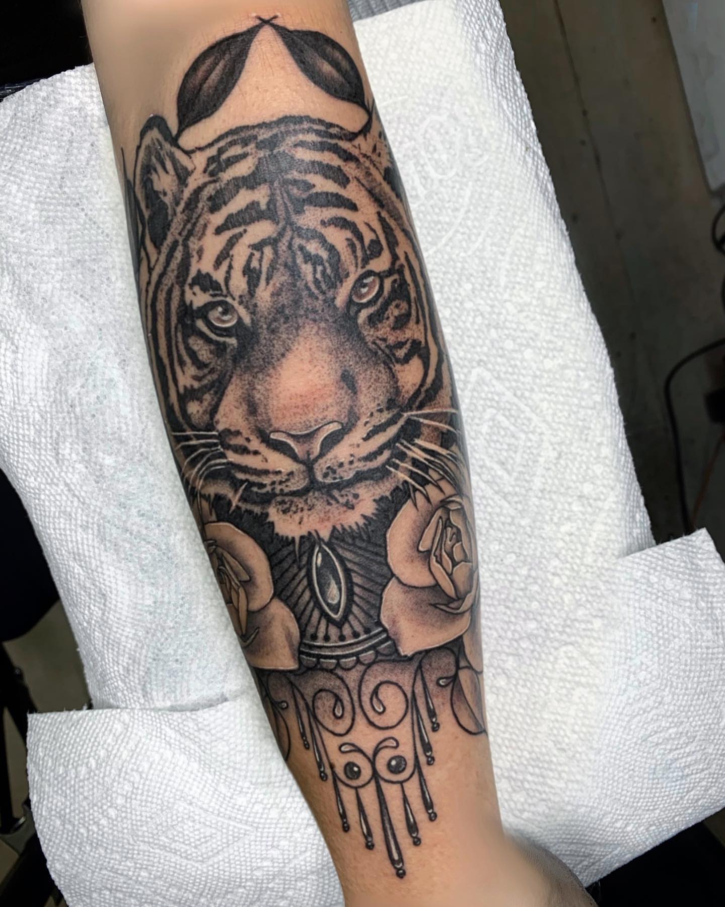 Tiger realism tattoo on the forearm by The Tattoo Saint- DMV Tattoo Artist, Hyattsville, Maryland