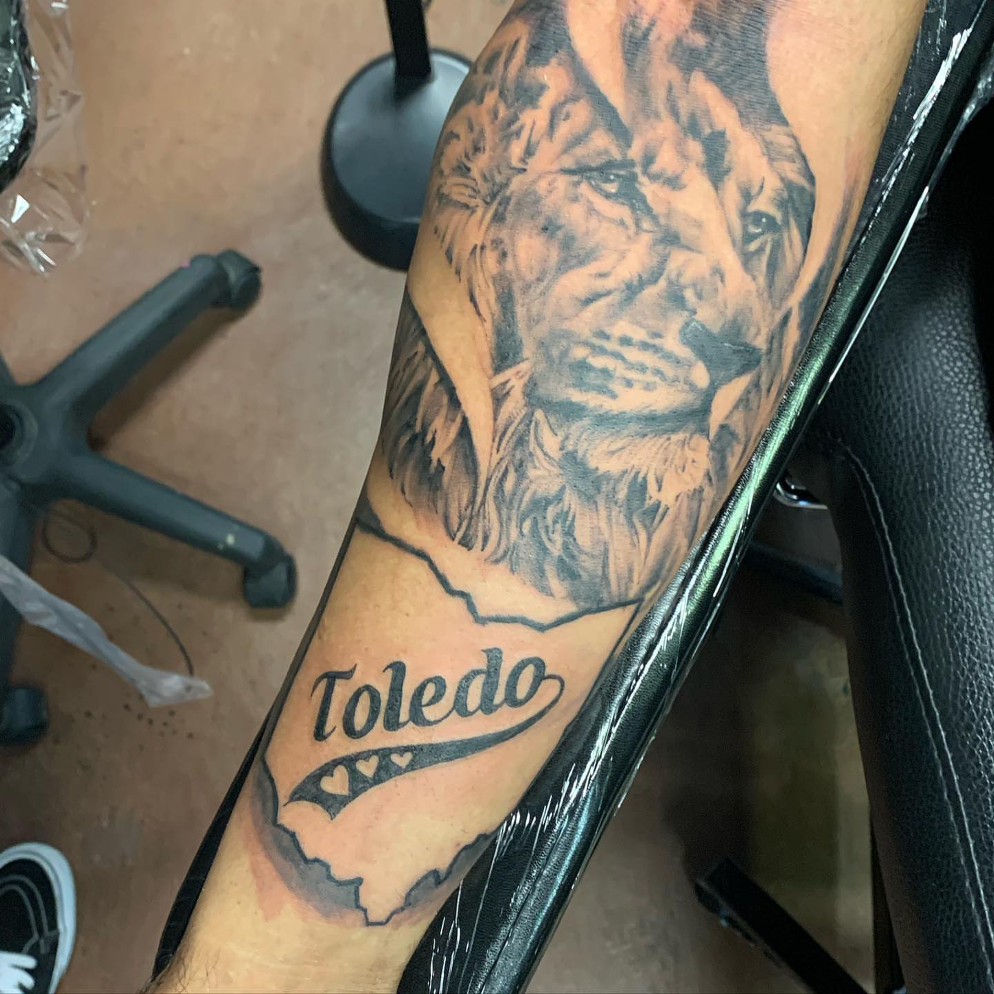 Lion realism tattoo on the forearm by Mikeyftsk2