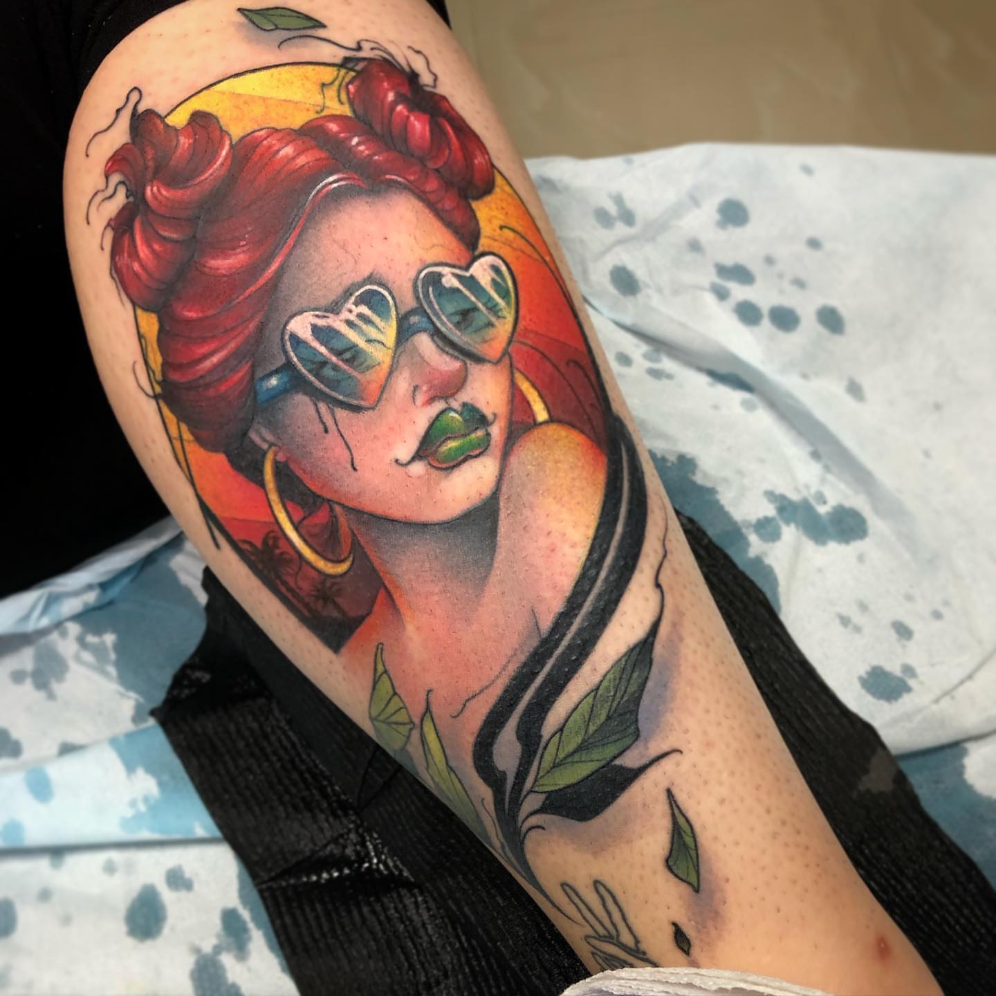 Woman with sunglasses American traditional tattoo on the thigh by ceci✨, Edinburg, Texas