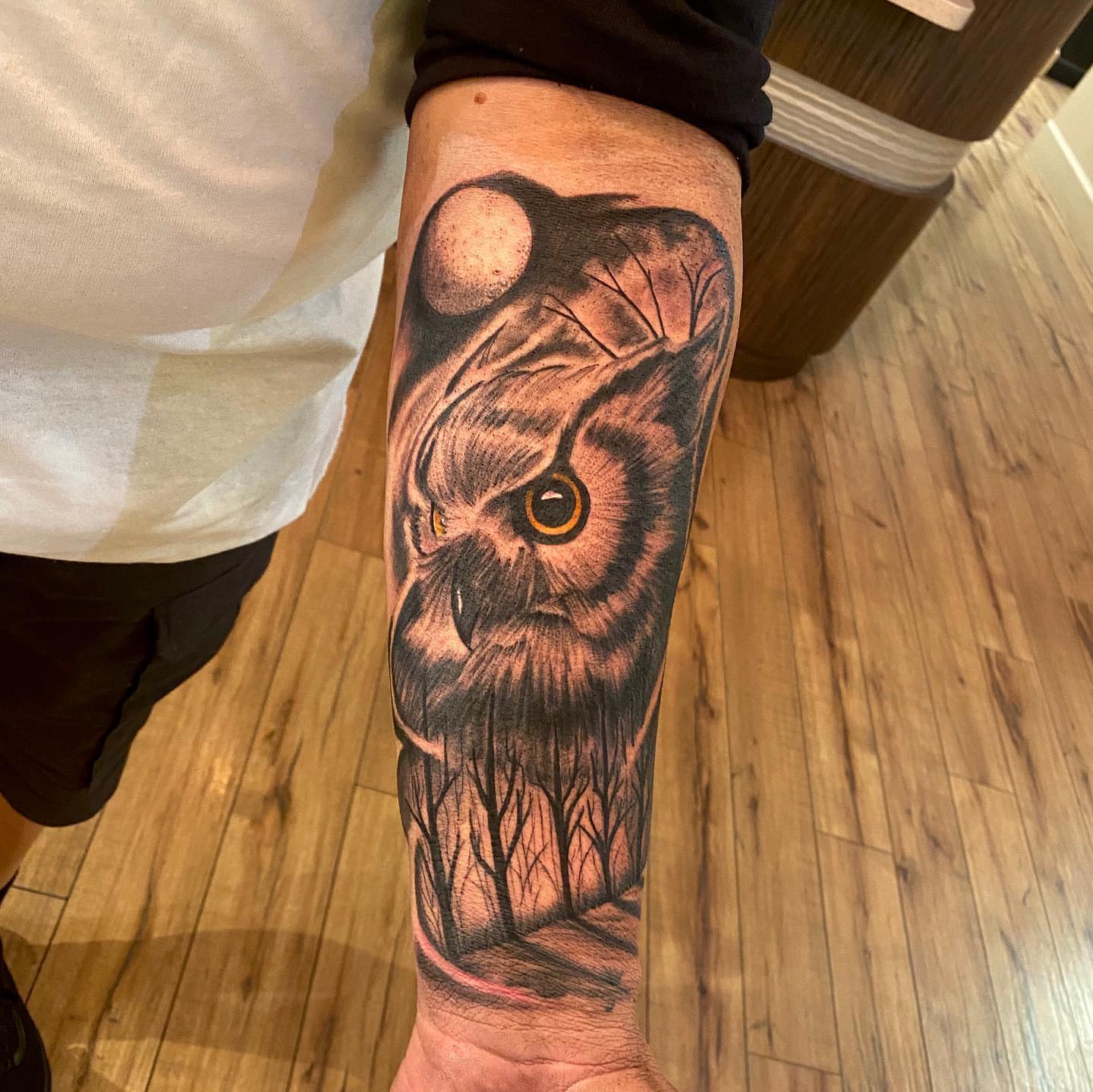 Owl realism tattoo on the forearm by Cj Hurtado