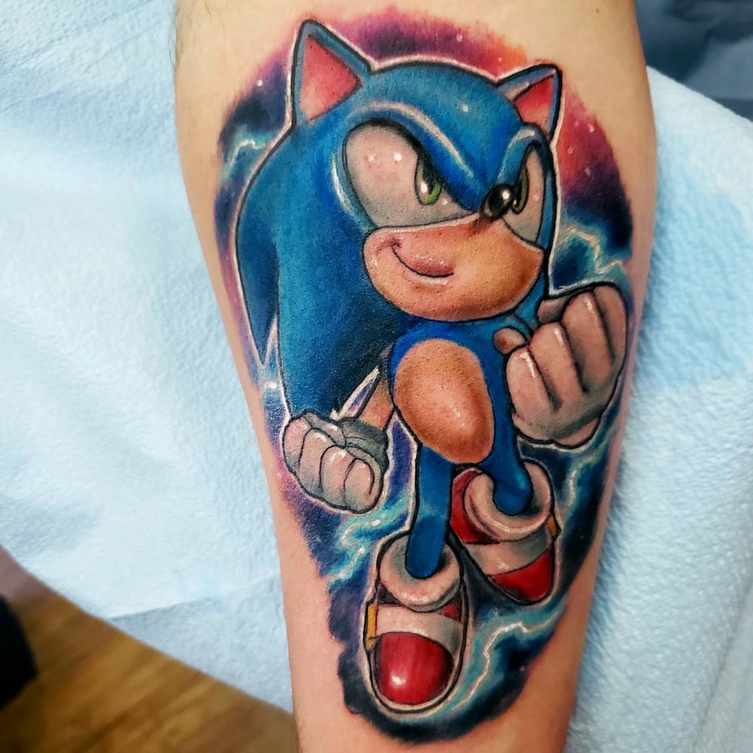 Sonic the Hedgehog new school tattoo on the forearm by Greg West Sac tattoo artist, West Sacramento, California